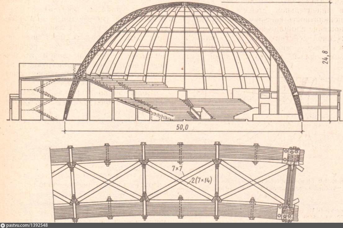 Сооружение конструкции. Купол цирка пролетом 50 м в г. Иванове (б. Лопатин, 1934). Купол цирка пролетом 50 м в г.Иванове. Схема возведения ребристого купольного покрытия;. Разрез купола большепролетные конструкции.