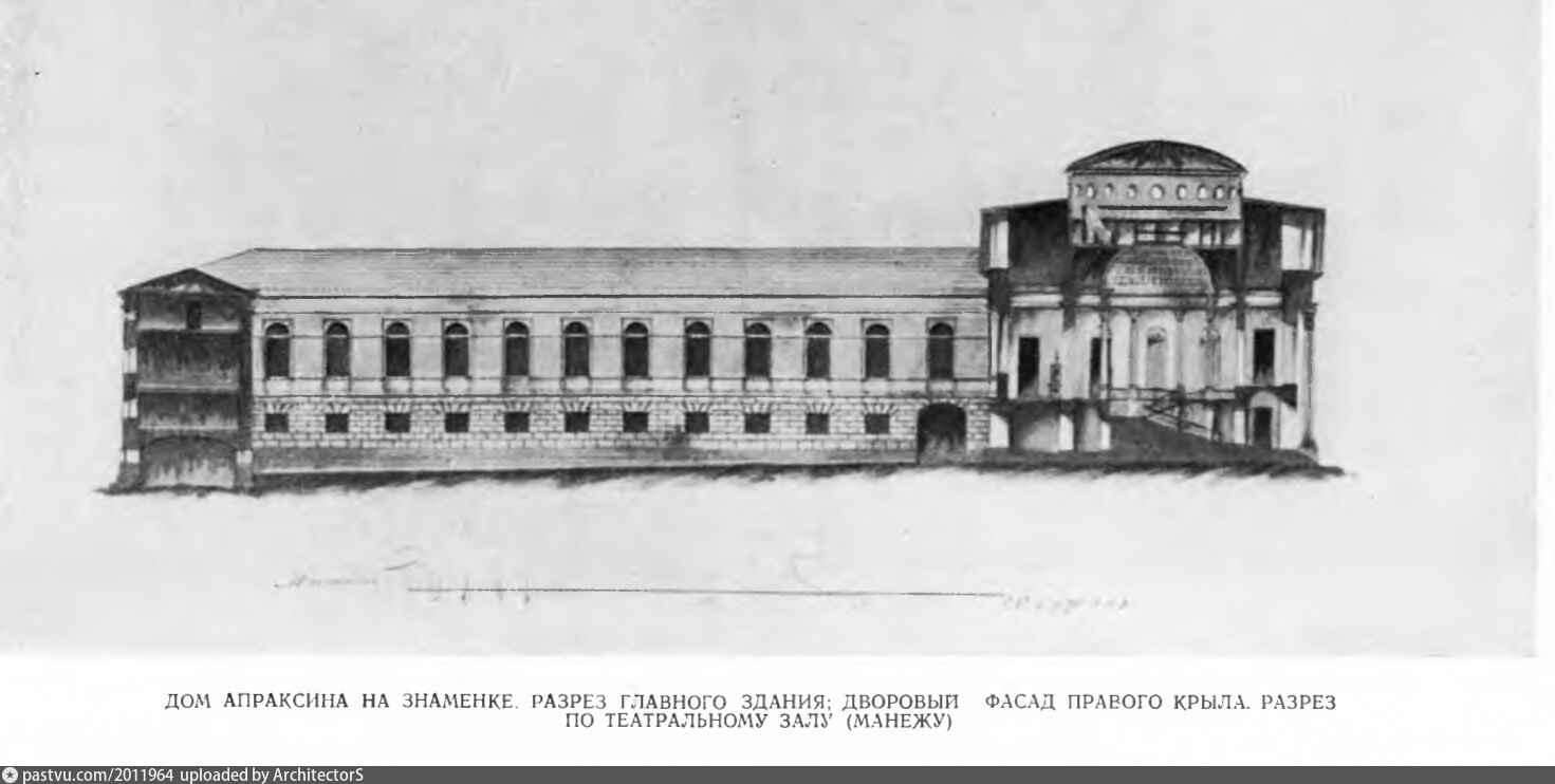 Фасад правого крыла (театр и манеж) в усадьбе Степа́на Степа́новича  Апраксина. Поперечный разрез дома по Знаменке - Retro photos