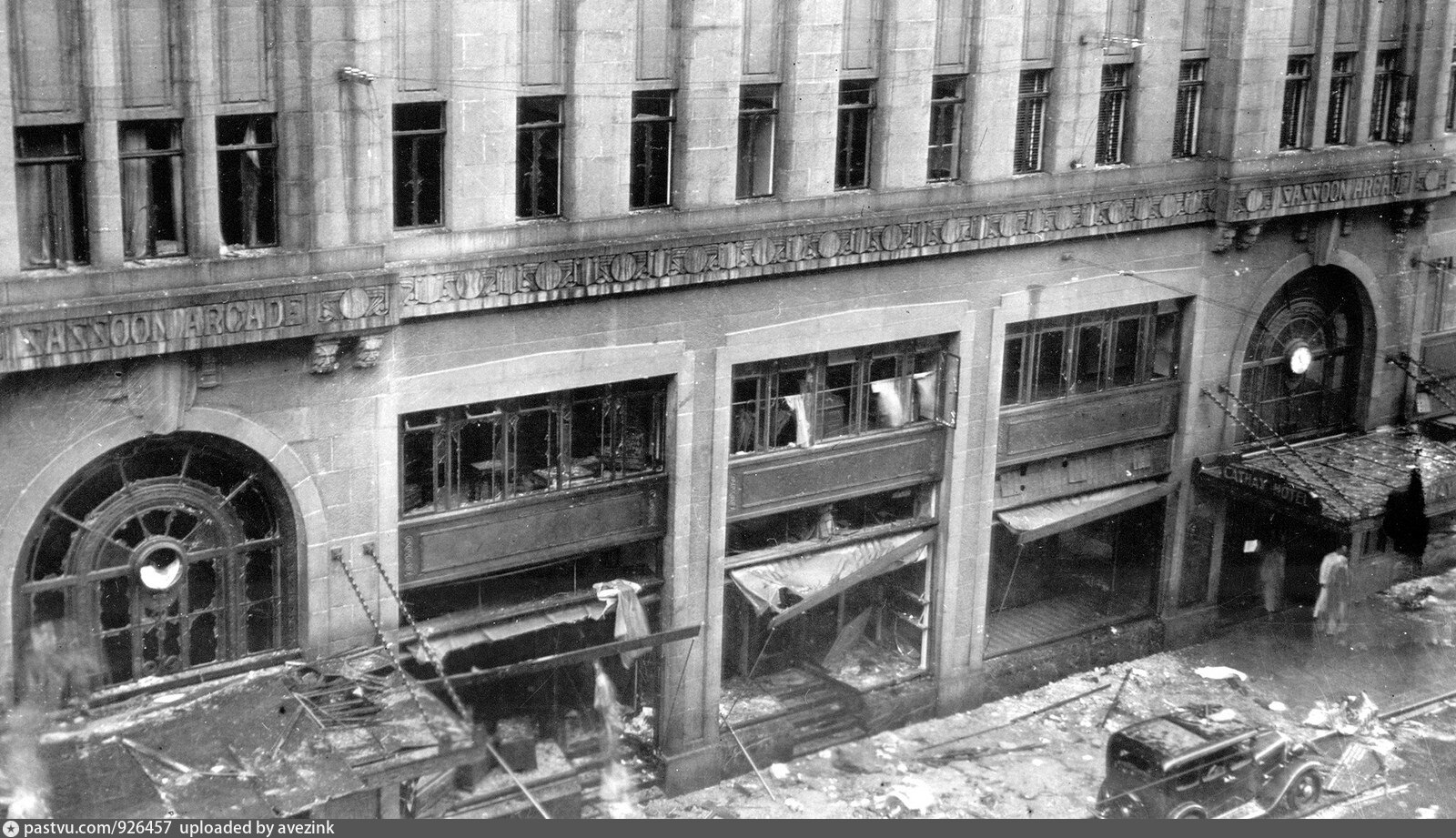 Damage of the Sassoon House after the accidental bombing, viewed from