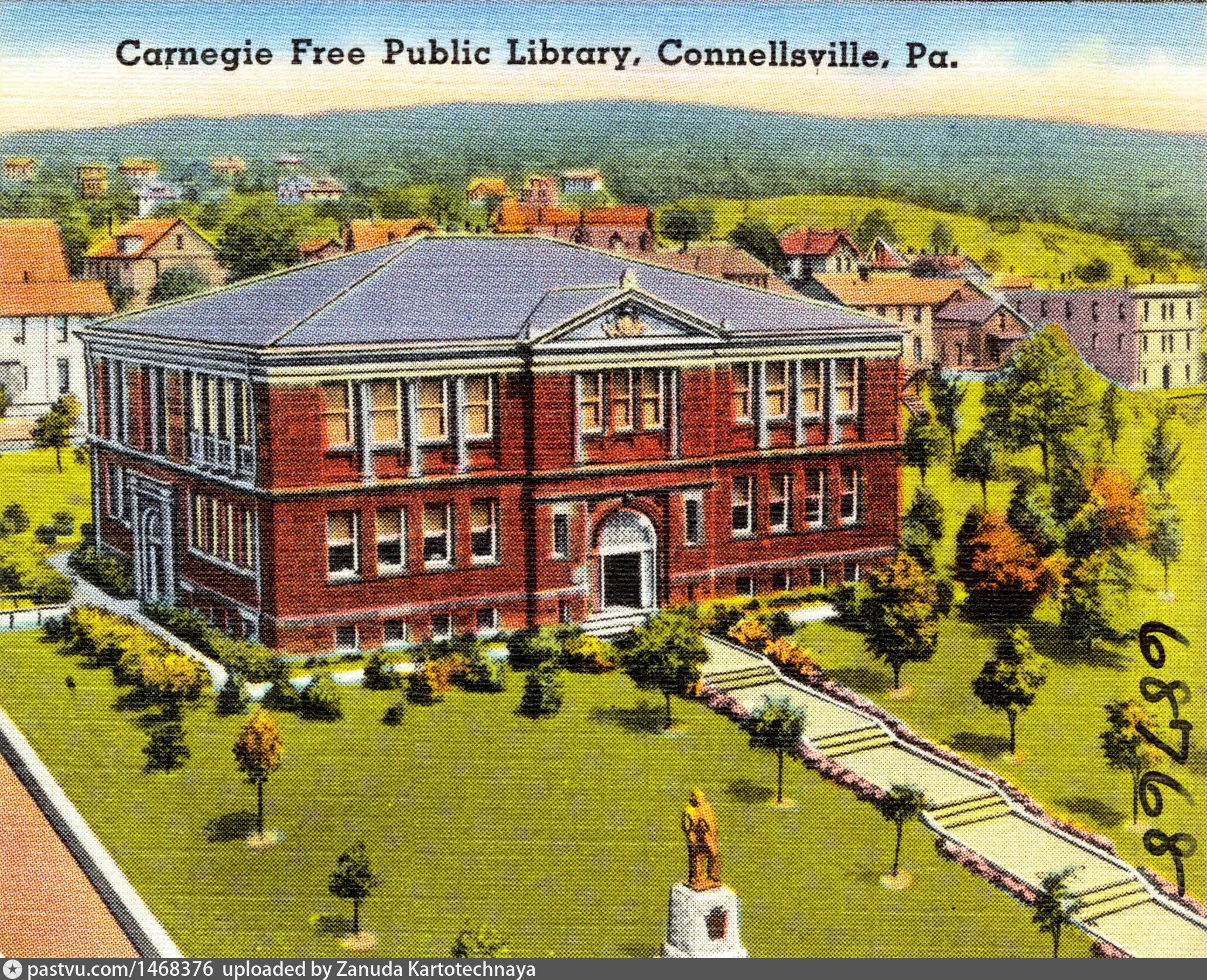 Connellsville. Carnegie Free Library & Crawford Monument