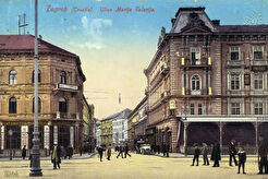 "Narodna kavana" na Trgu bana Josipa Jelačića. Pogled na ulicu Marije Valerije (danas Prašku ulicu) (1909)