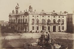 Fuente de El Geni Catalá con el edificio de la Aduana al fondo (1860)