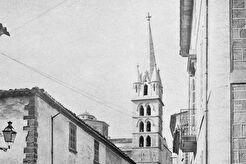Calle con iglesia al fondo del pueblo de Binissalem (1930)