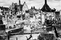 Choked with debris, a bombed water intake of the Pegnitz River no longer supplies ar factories in Nuremberg (1945)