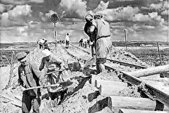 Строительство Комсомольского моста, работы на насыпи правого берега (1930)